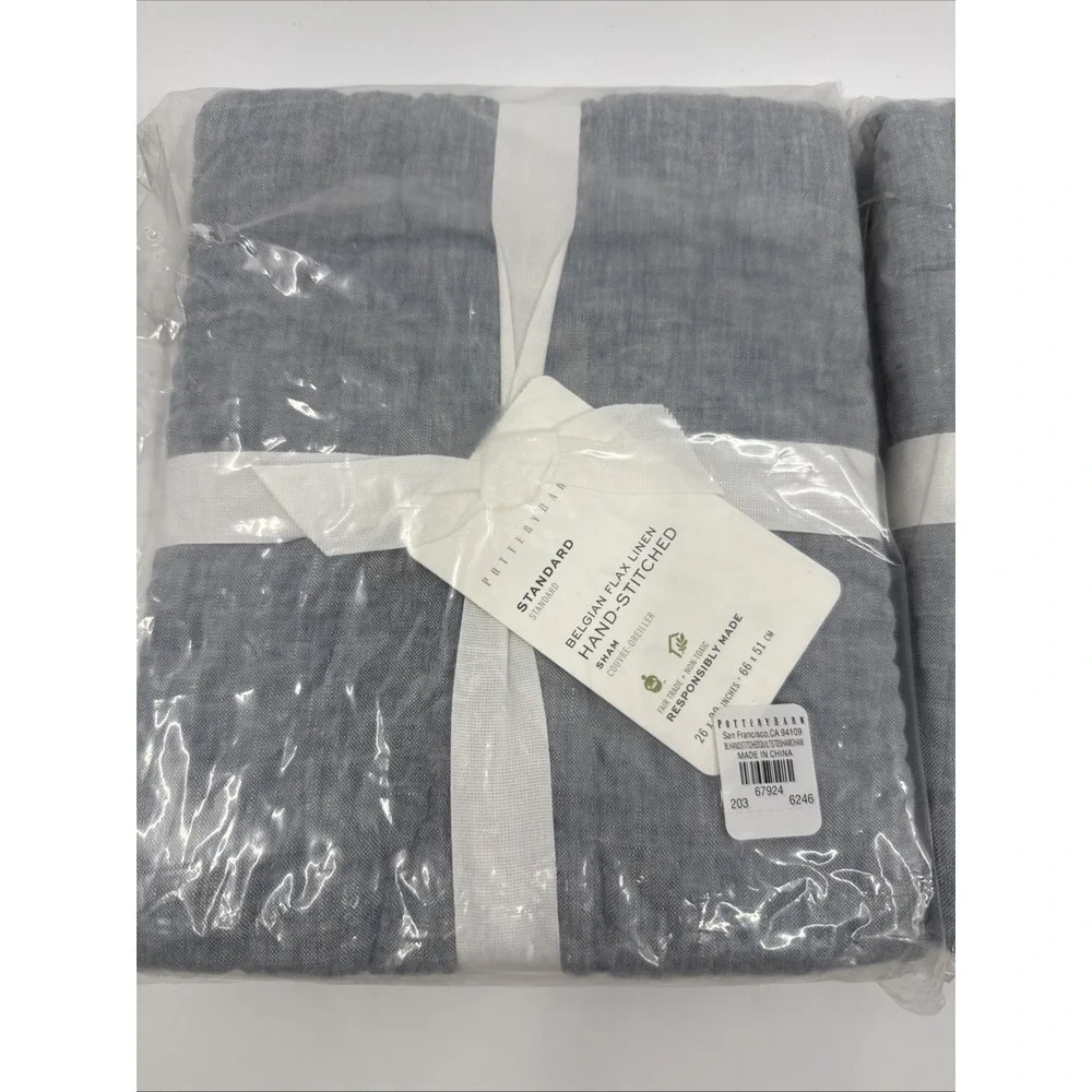 Pottery Barn Chambray Standard Quilted Belgian Flax Linen Set Of 2 Shams New